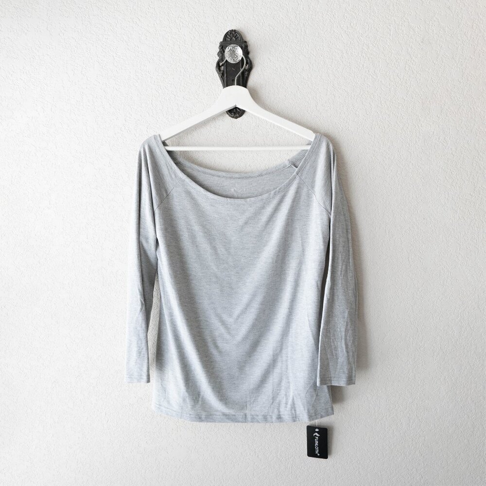 Fuinloth XL Gray Off Shoulder Long Sleeve Stretch Knit Top NWT Boat Neck